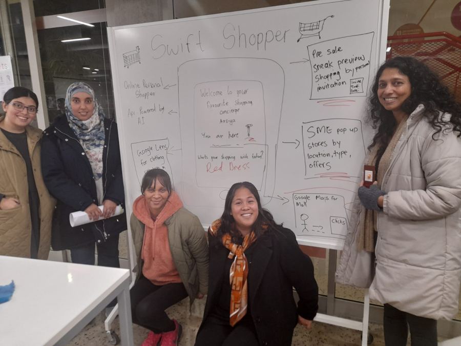 The five Swift Shopper founders in front of the whiteboard sketch